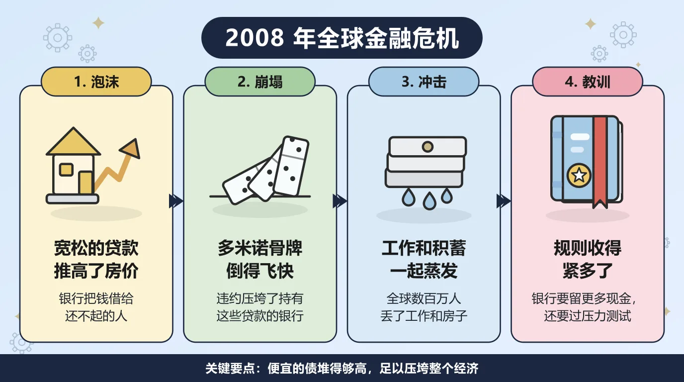 2008 年全球金融危机的四个阶段：宽松的贷款把房价推了上去，银行把钱借给还不起的人；断供像多米诺骨牌一样压垮了持有这些贷款的银行；全球数百万人丢了工作和房子，积蓄一起蒸发；此后规则大幅收紧，银行要留更多现金，还要定期接受压力测试。