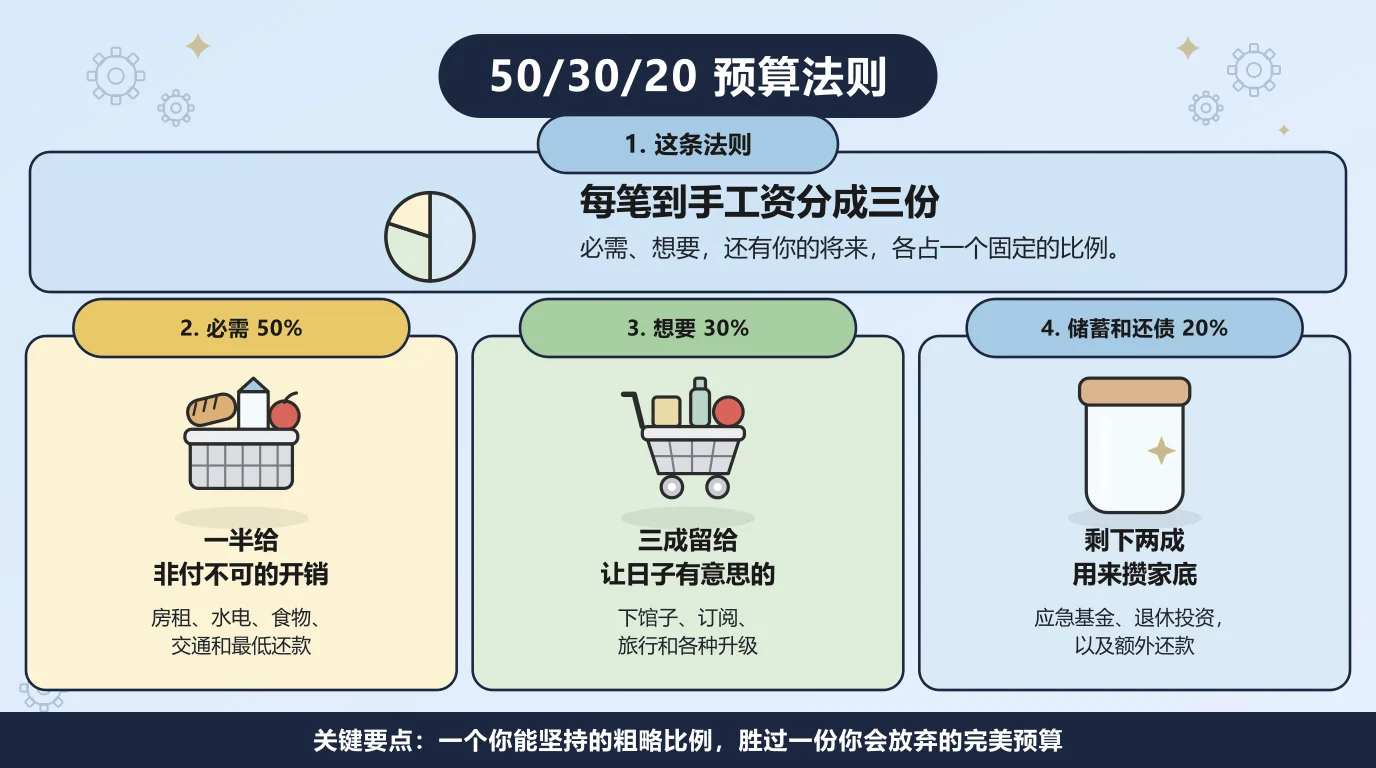 50/30/20 预算法则：把每一笔税后收入分成三份，一半给房租、水电、食物、交通和最低还款这类必需开销，三成给外出就餐、订阅、旅行这类想要的东西，剩下两成给应急基金、退休投资和额外还款。