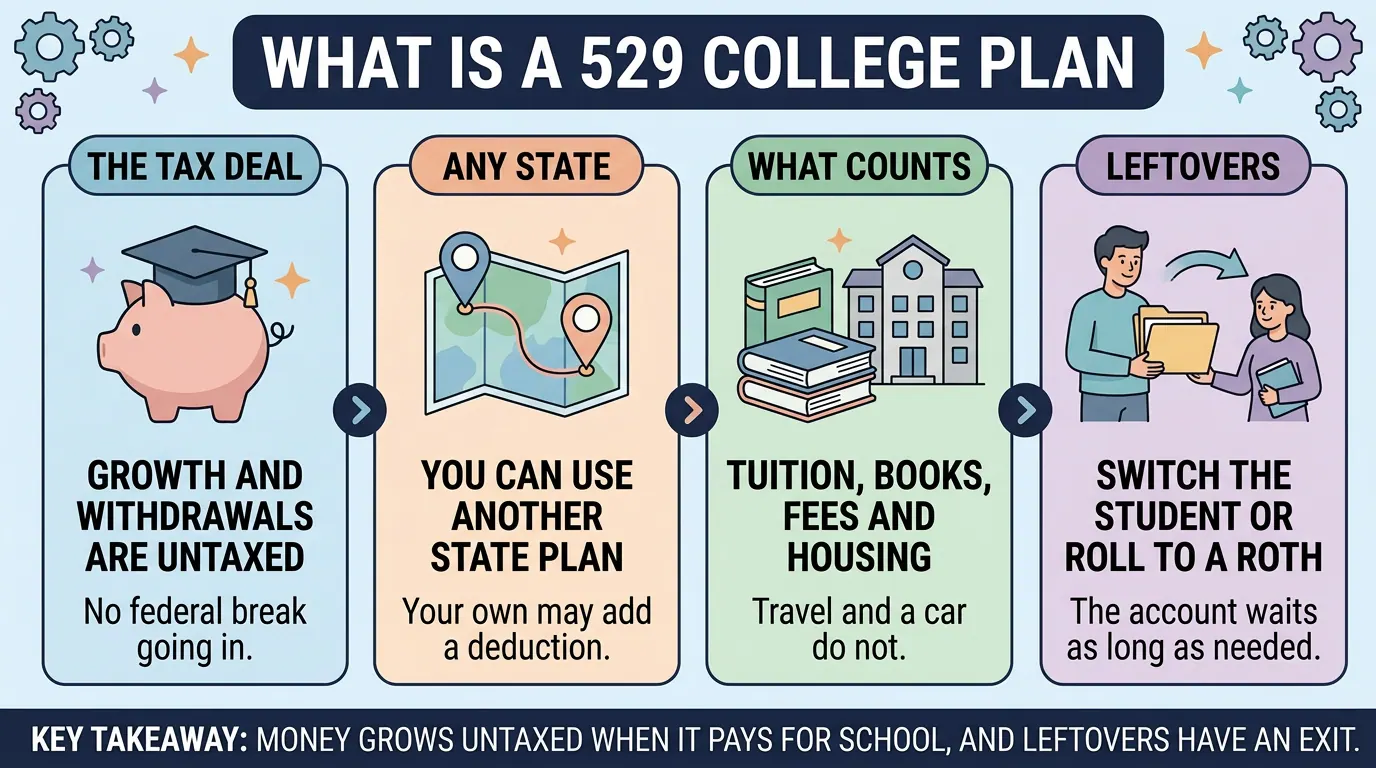 Four panels on 529 plans: growth and withdrawals go untaxed, any state plan is allowed, tuition, books, fees and housing qualify but travel does not, and leftovers can move to a Roth.