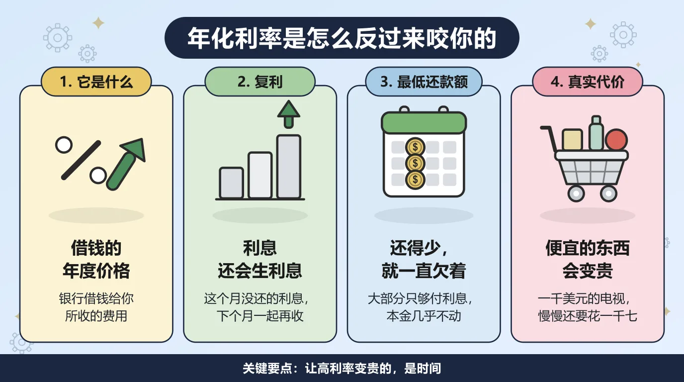 关于年化利率的四件事：它是借钱的年度价格，这个月没还的利息下个月会被一起再收一遍，最低还款额大部分只够付利息所以本金几乎不动，一台一千美元的电视慢慢还最后要花掉一千七百多。