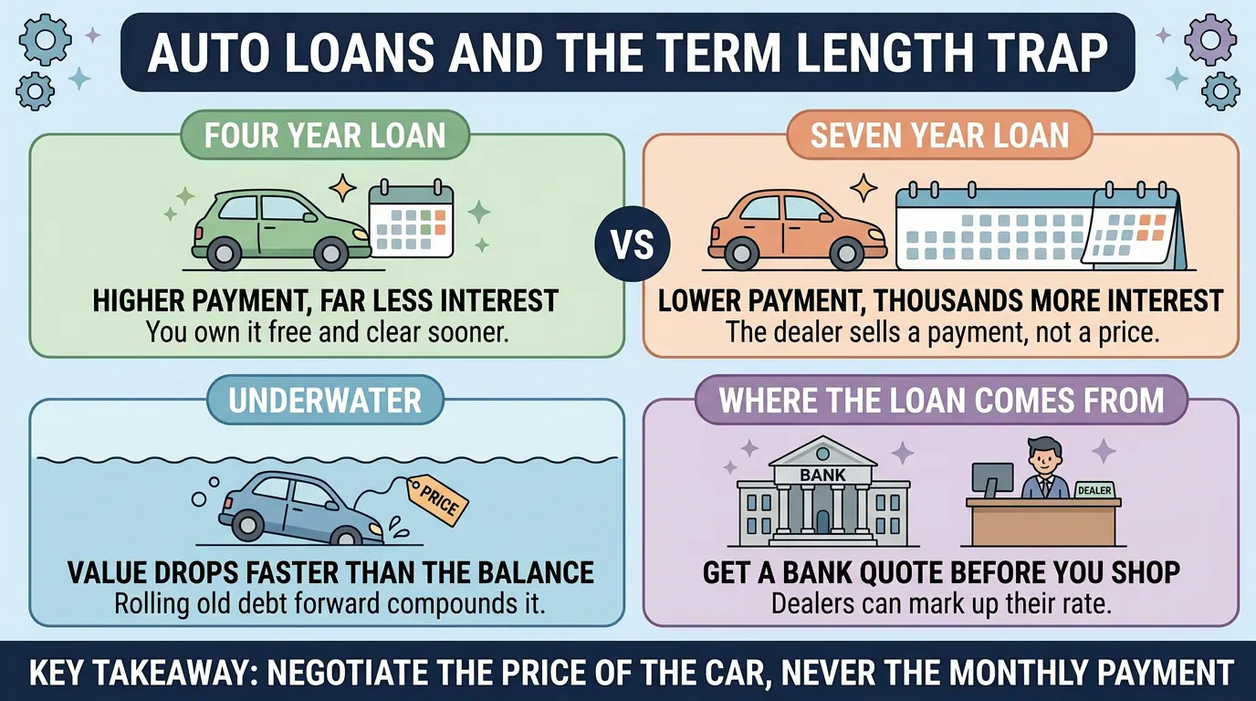 Four year versus seven year auto loan compared, plus panels on going underwater when value drops faster than the balance and getting a bank quote before the dealer marks up the rate.