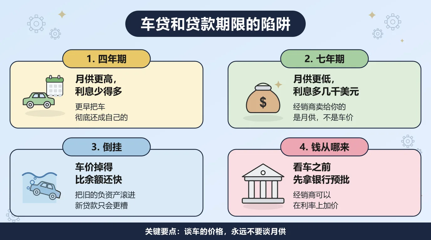 关于车贷的四件事：四年期月供更高但利息少得多，七年期月供更低却要多付几千美元利息，车价掉得比余额快就会倒挂而把负资产滚进新贷款只会更糟，看车之前先拿一份银行预批，免得经销商在利率上加价。