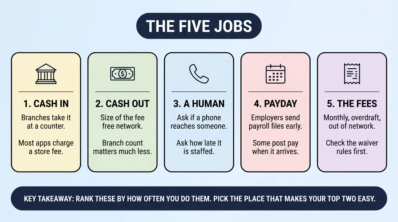 Five panel diagram of the jobs a checking account actually does for you: taking cash in, getting cash out, reaching a human, getting paid early, and the fees. Rank them by how often you do each one, then pick the place that makes your top two easy.