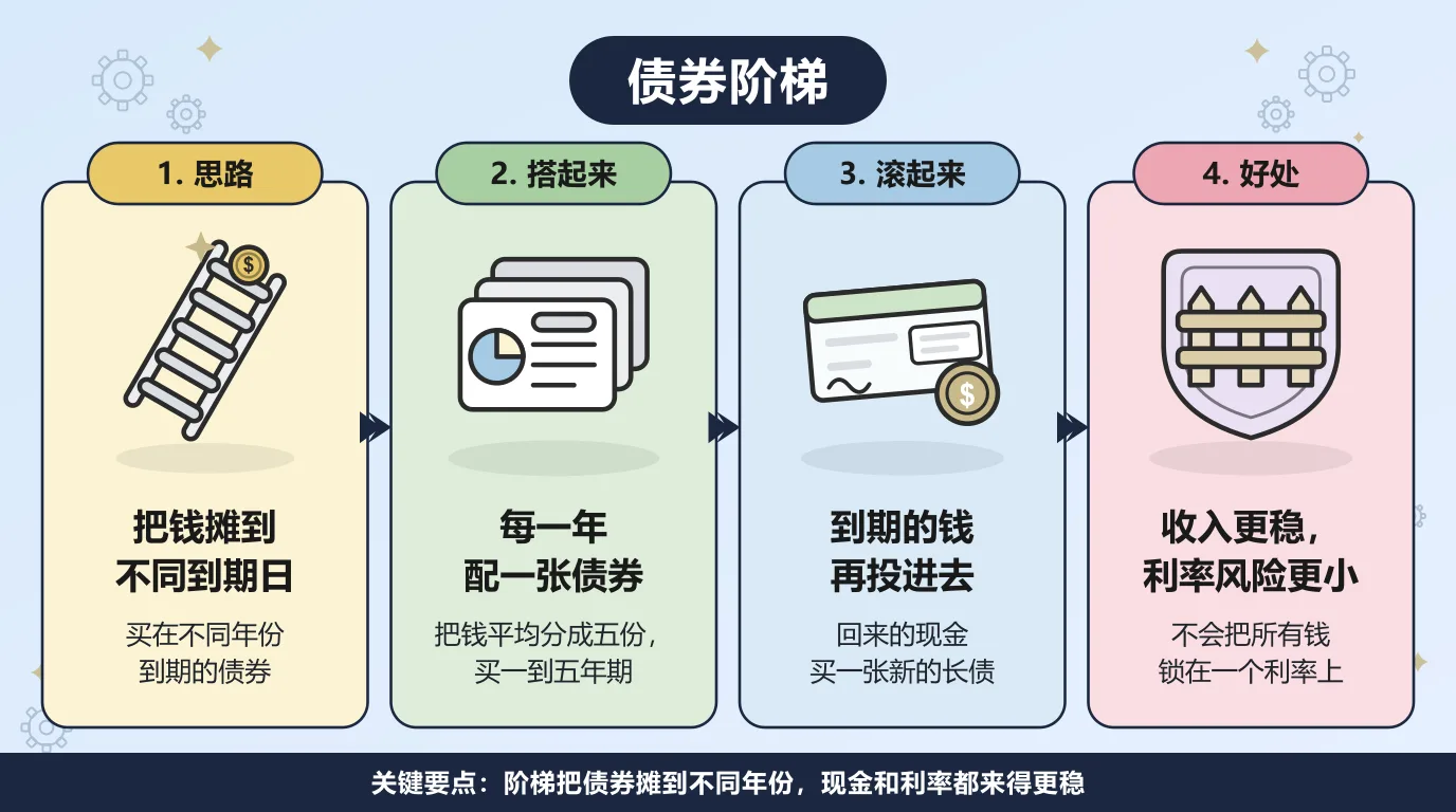 债券阶梯的四个步骤：把钱摊到不同的到期日，把资金平均分成五份去买一到五年期的债券，每一张到期就把钱再投进一张新的长债，这样收入更稳，也不会把所有钱锁死在同一个利率上。