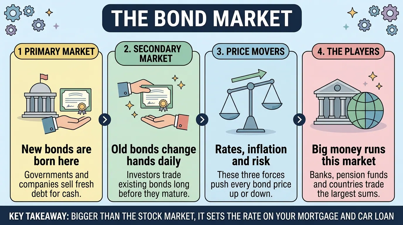 Four stage flow of the bond market: new bonds issued in the primary market, old bonds traded daily in the secondary, prices driven by rates, inflation and risk, and big institutions dominating.