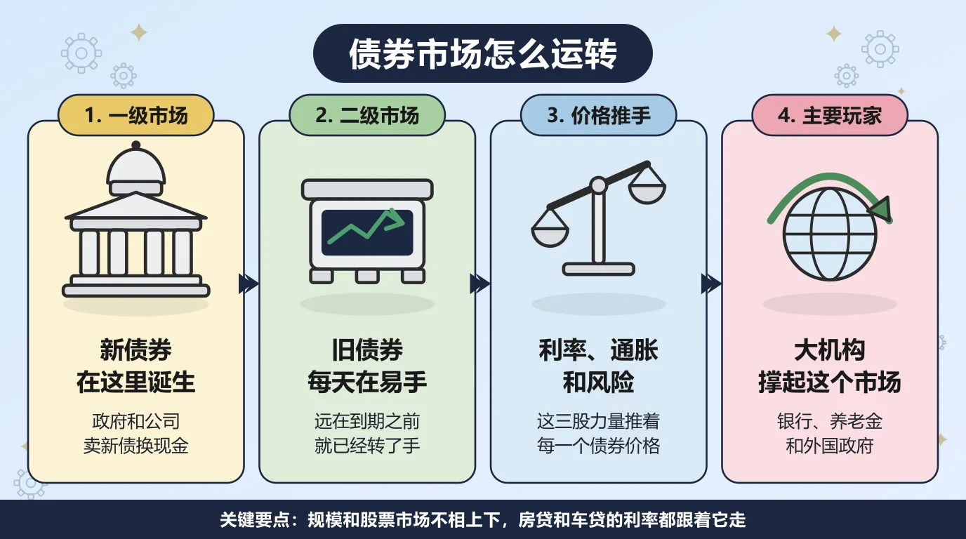 债券市场的四个环节：新债券在一级市场诞生，政府和公司卖出新债换现金；旧债券每天在二级市场易手；利率、通胀和风险这三股力量推着每一个债券价格上下走；而银行、养老金和外国政府这些大机构撑起了整个市场。