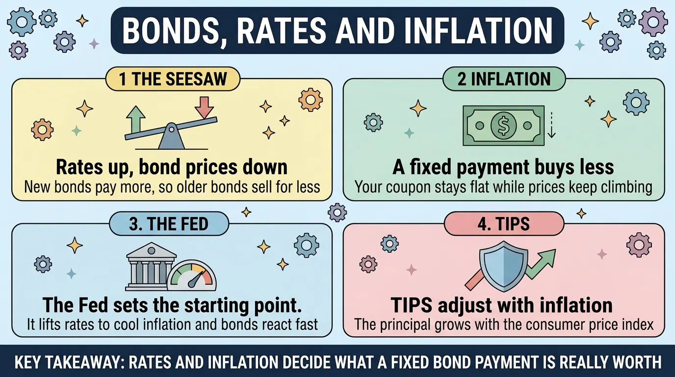 Four panels on bonds, rates and inflation: rates up means prices down, a fixed coupon buys less over time, the Fed sets the starting point, and TIPS adjust with inflation.