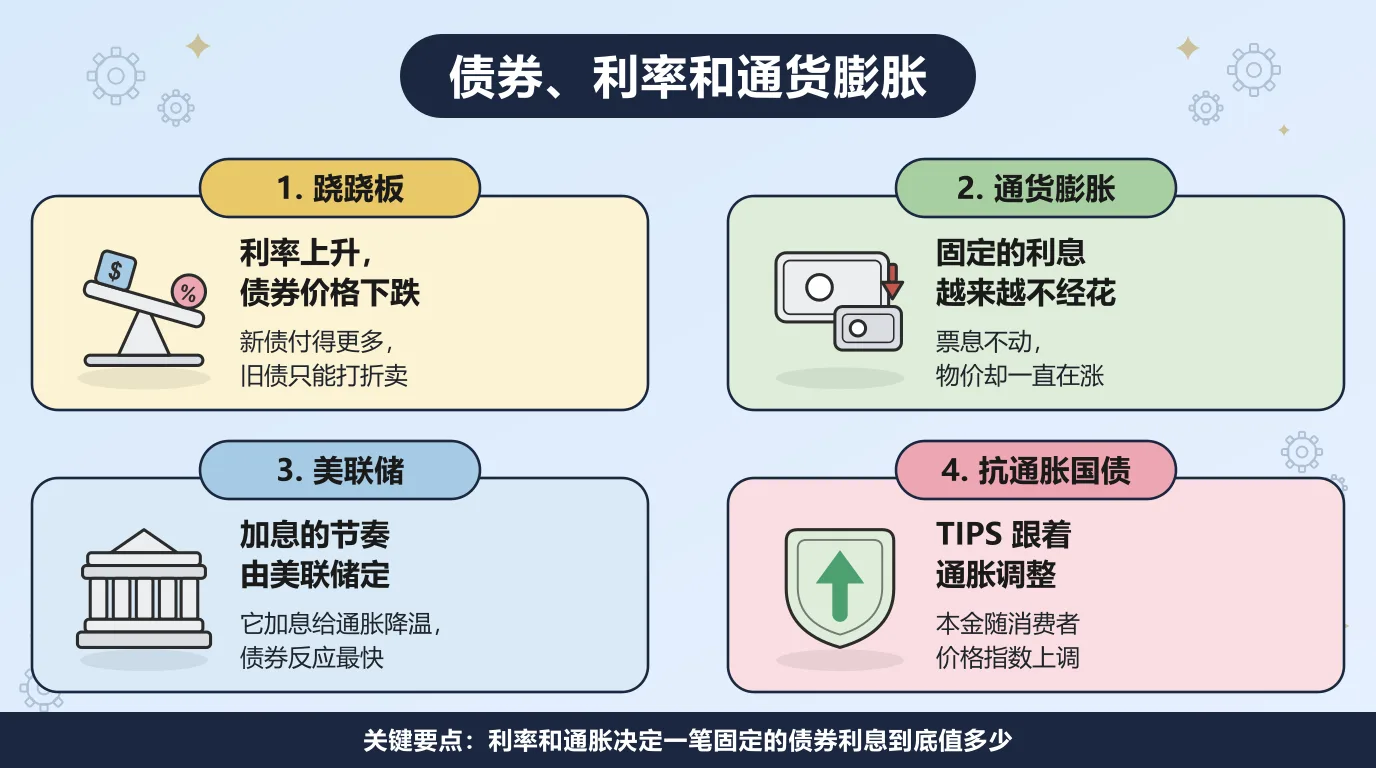 债券、利率和通胀的四个方面：市场利率上升时债券价格下跌，固定的票息在通胀面前越来越不经花，美联储靠加息给通胀降温而债券反应最快，抗通胀国债 TIPS 的本金则随消费者价格指数一起上调。
