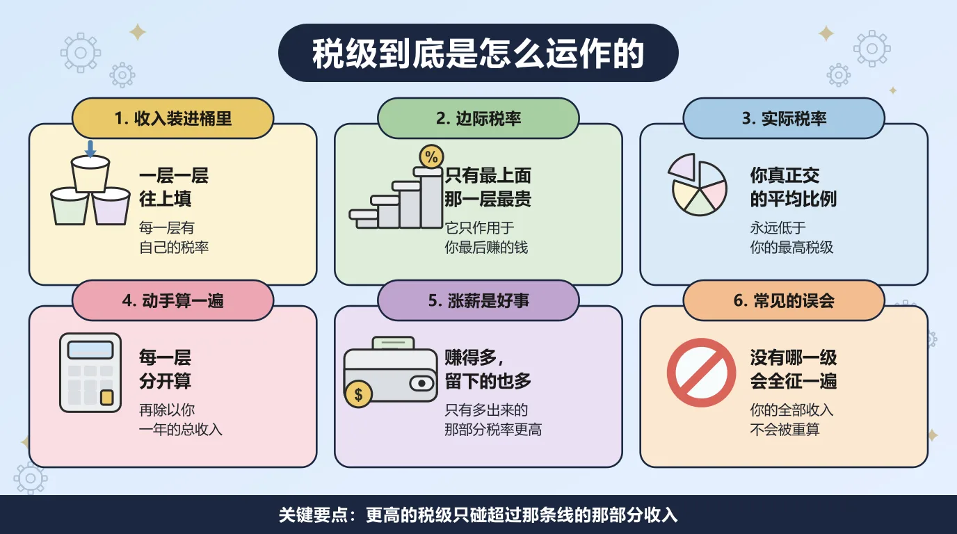 关于税级的六件事：收入像倒进一连串桶里一层一层往上填，每一层有自己的税率；边际税率只作用于你最后赚到的那些钱；实际税率永远低于你的最高税级；把每一层分开算再除以一年的总收入；涨薪之后留下的钱只会更多；没有哪一级会把你的全部收入重算一遍。