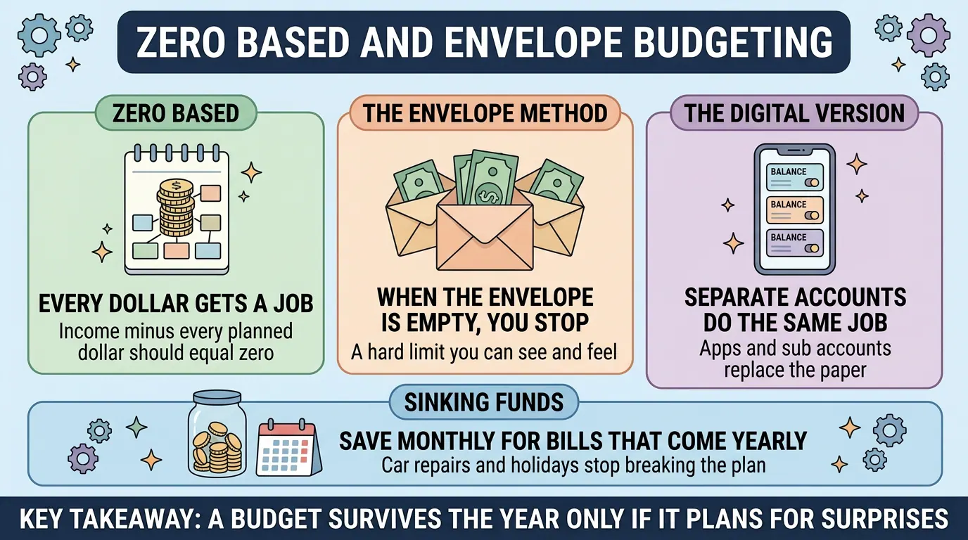 Zero based budgeting, the cash envelope method and its app equivalent compared, plus sinking funds that save monthly for yearly bills like car repairs and holidays.