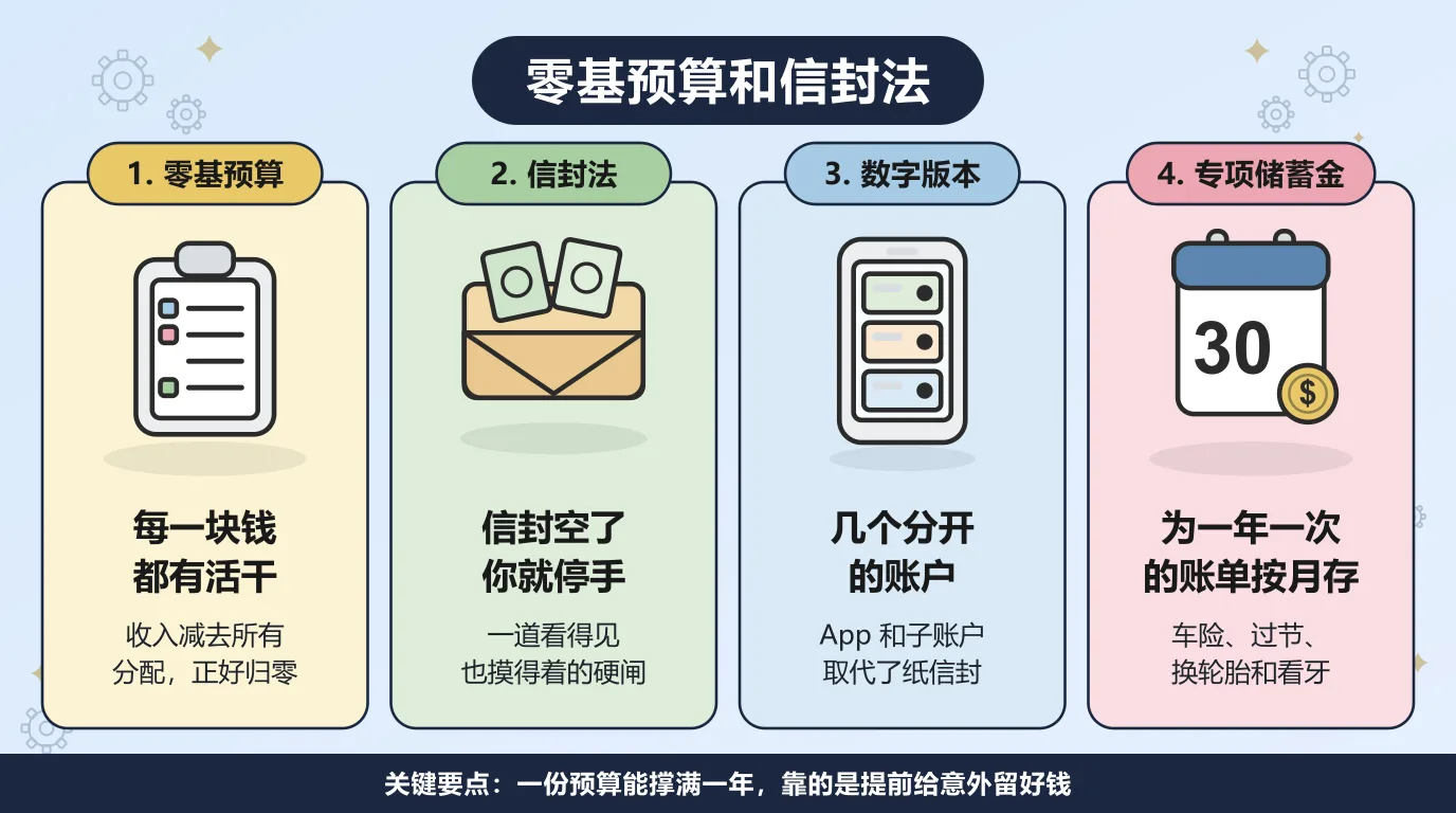 零基预算和信封法：零基预算把收入里的每一块钱都派一份活，收入减去所有分配正好等于零，而存钱和投资也算活；信封法在钱花完的那一刻给你一道摸得着的硬闸；数字版本用几个分开的账户或者 App 里的分类余额取代纸信封；专项储蓄金是为不规律但可预见的账单每月留出的钱，也是让这两套系统撑满一整年的东西。