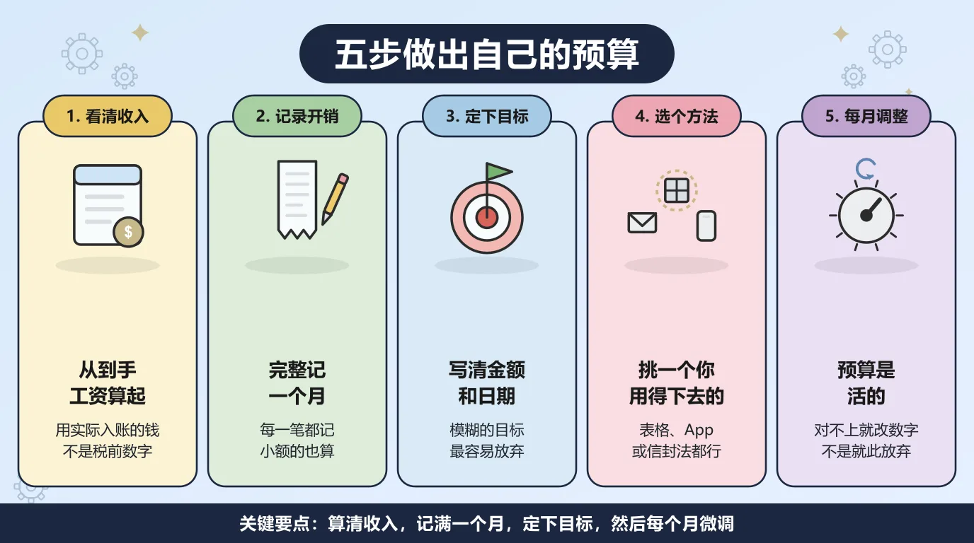 做预算的五个步骤：从到手工资算起，完整记录一个月的开销，为目标写清金额和日期，挑一个你用得下去的方法，然后每个月调整一次。