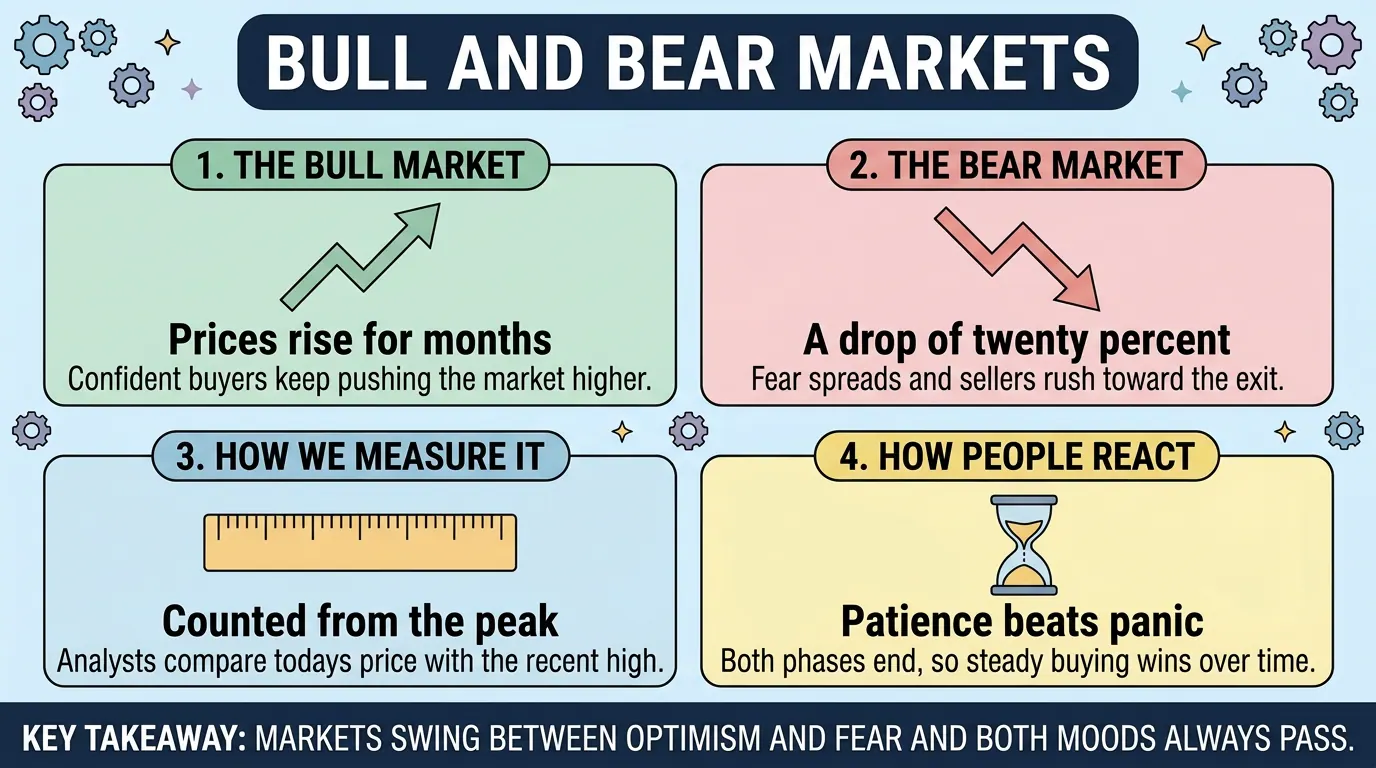 Four panels contrasting bull and bear markets: months of rising prices versus a twenty percent drop measured from the recent peak, and why patience beats panic since both moods pass.