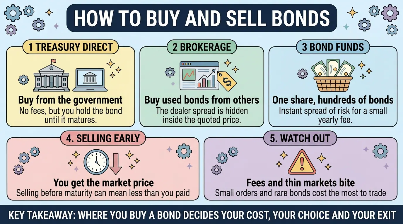 Five panels on where to buy bonds: direct from the Treasury, through a brokerage, or via bond funds, plus what selling early costs and how fees and thin markets bite.