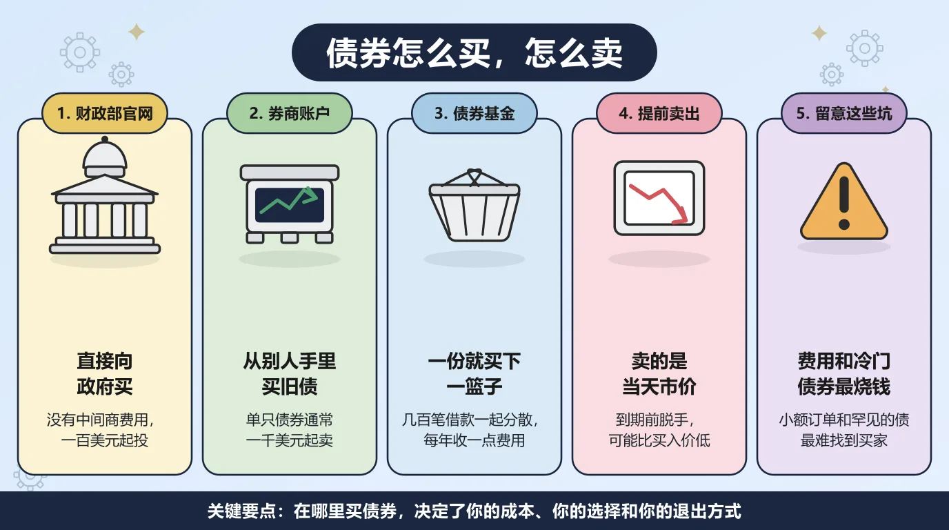 买卖债券的五条路：在财政部官网 TreasuryDirect 直接向政府买，用券商账户买公司债、市政债和别人手上的旧债，用债券基金一份就买下一篮子，提前卖出只能拿到当天的市价，而费用和冷门债券难脱手这两点最容易吃掉你的钱。