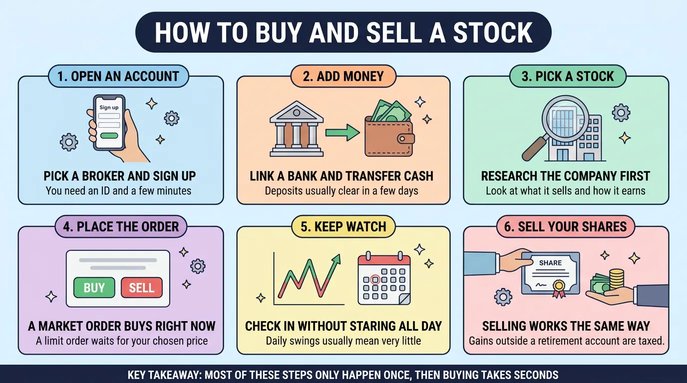Six step walkthrough of trading a stock: open a brokerage account, transfer cash, research a company, place a market or limit order, check in occasionally, then sell the same way.