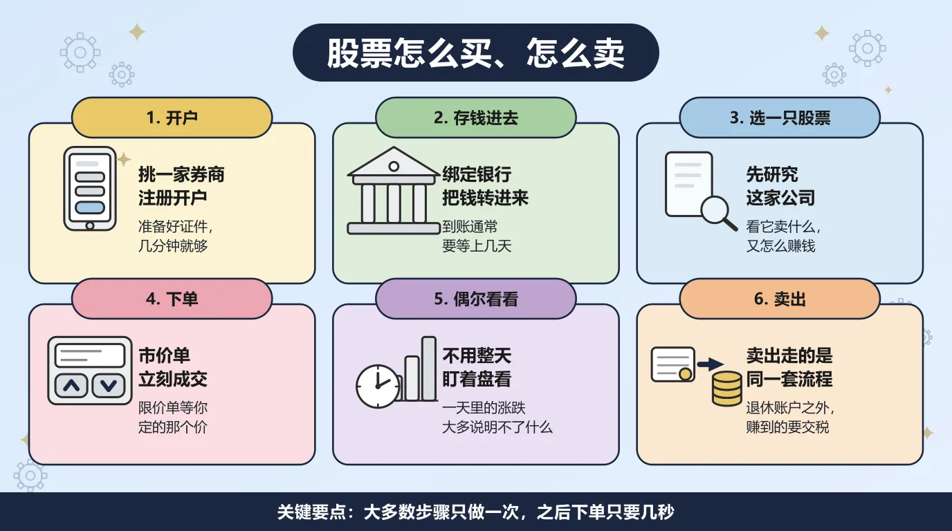 买卖股票的六个步骤：先开一个券商账户，绑定银行把钱转进去，研究一家公司靠什么赚钱，用市价单立刻成交或者用限价单等一个价位，之后偶尔看看不必整天盯盘，卖出走的是同一套流程，退休账户之外的收益要交税。