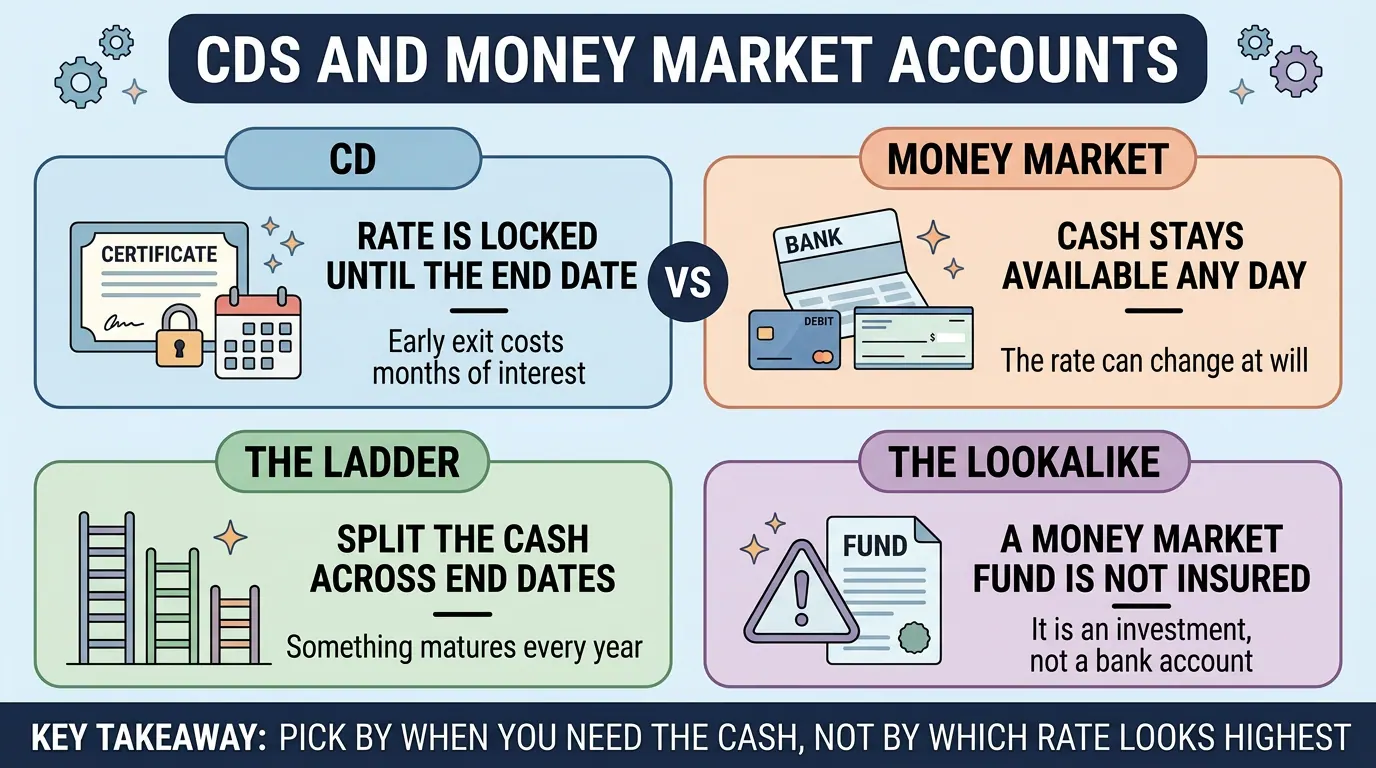 CD versus money market: a CD locks the rate until its end date with an early exit cost, a money market keeps cash available at a shifting rate, plus CD laddering and the uninsured fund lookalike.