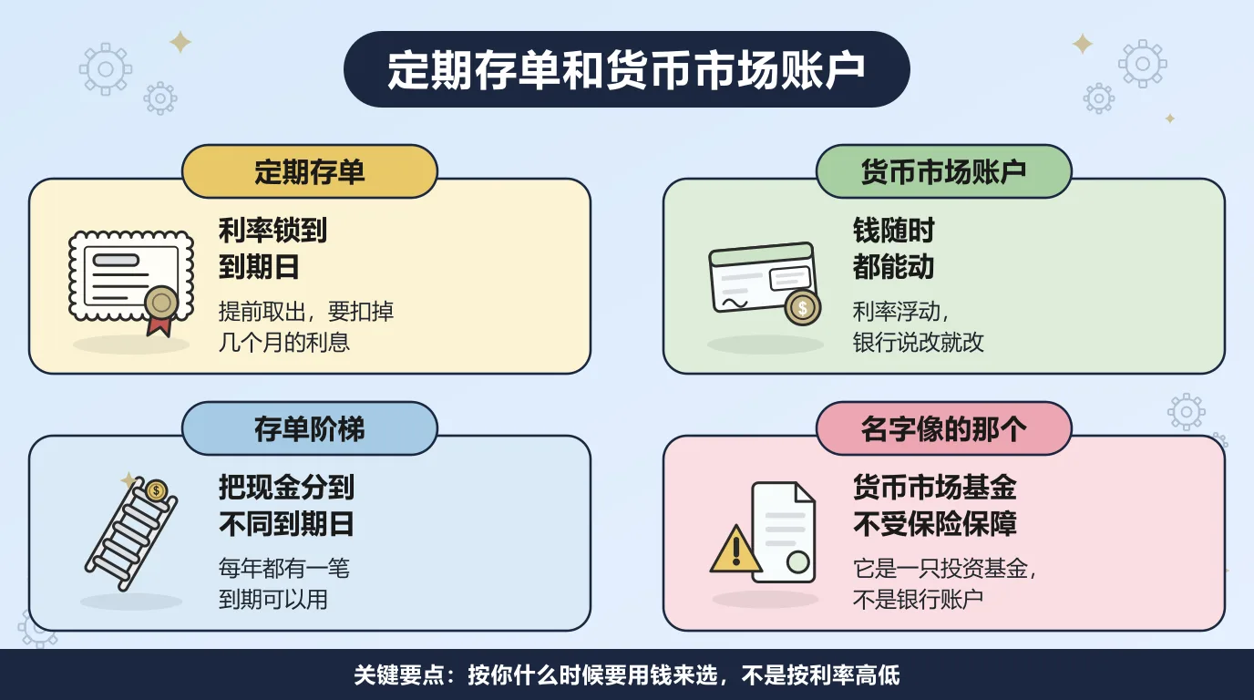定期存单和货币市场账户的对比：存单把利率锁到到期日，提前取出要扣掉几个月的利息；货币市场账户的钱随时都能动，但利率浮动；存单阶梯把现金分到不同到期日，每年都有一笔到期；而货币市场基金不受存款保险保障，它是一只投资基金，不是银行账户。