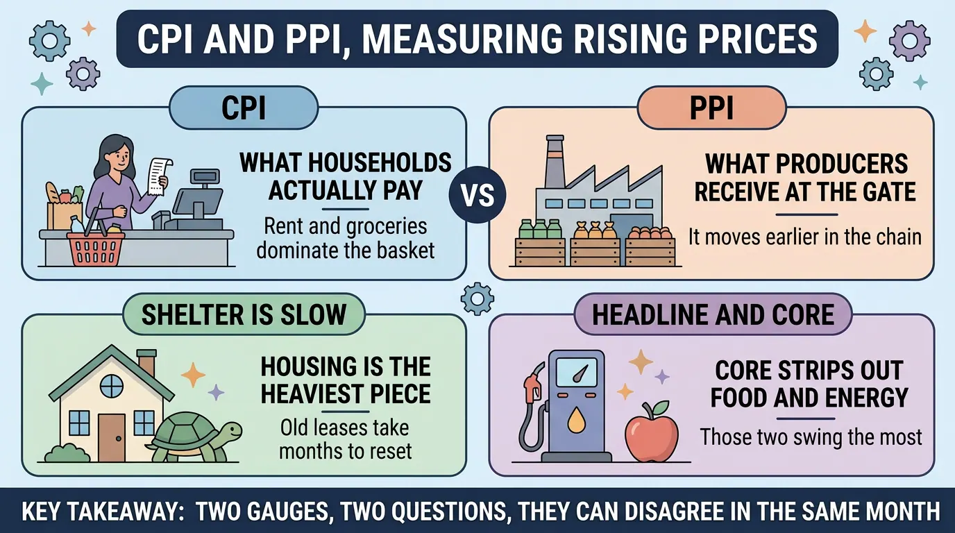 CPI (what households actually pay) set against PPI (what producers receive at the gate), plus panels on slow moving shelter costs and how core strips out food and energy.