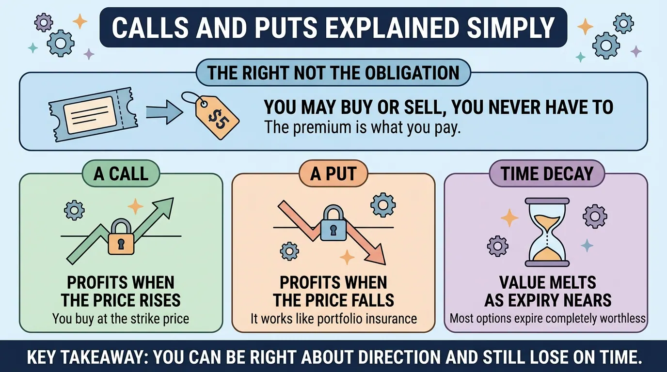 Options give the right but not the obligation to trade, for a premium. Panels contrast a call (profits on a rise), a put (insurance on a fall) and value melting as expiry nears.
