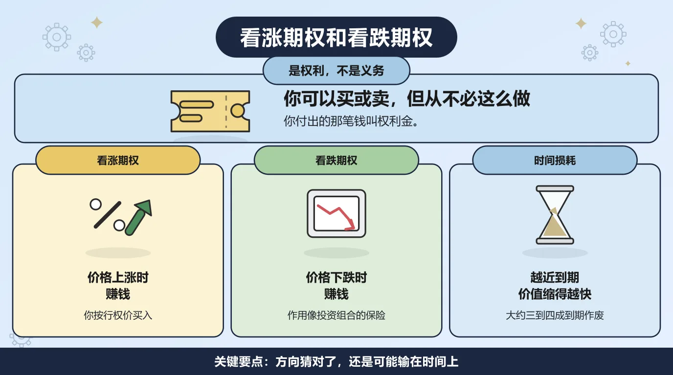 看涨期权和看跌期权：期权给你买或卖的权利，但你从不必真的这么做，你付出的那笔钱叫权利金；看涨期权在价格上涨时赚钱，你按行权价买入；看跌期权在价格下跌时赚钱，作用像投资组合的保险；越靠近到期日，时间价值缩得越快，大约三到四成的期权到期作废。方向猜对了，还是可能输在时间上。