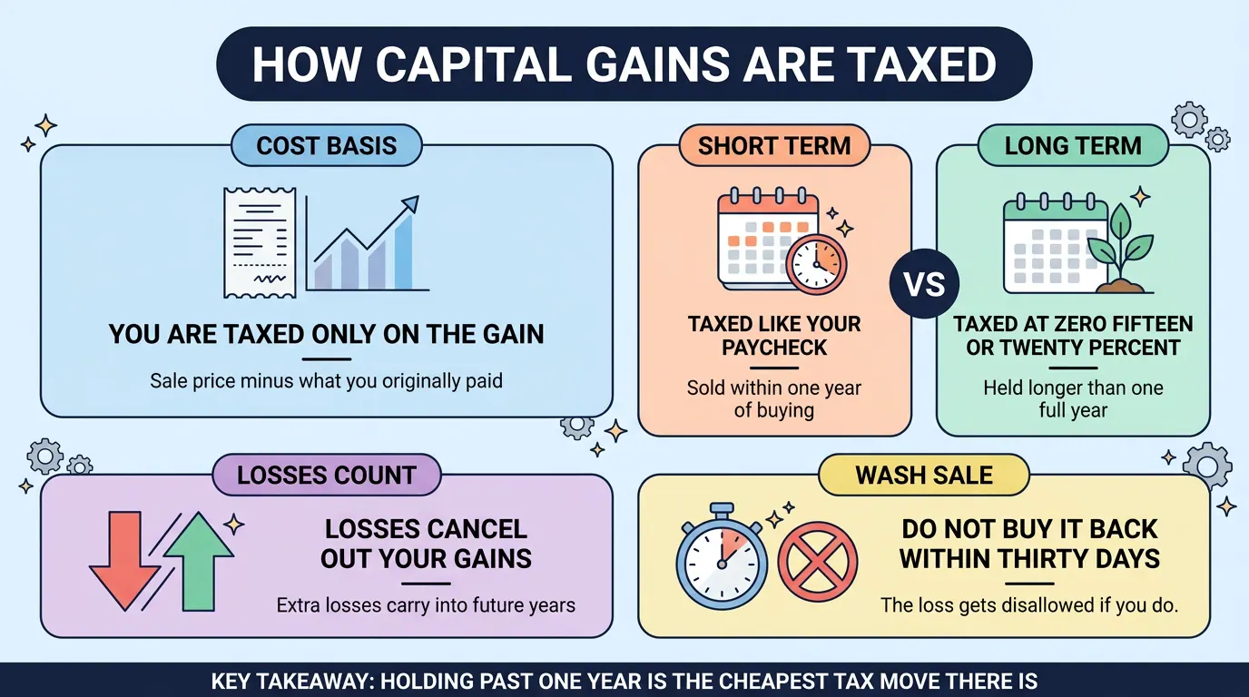 Five panels on capital gains: tax applies only to the gain over cost basis, short term is taxed like a paycheck while long term gets lower rates, losses offset gains, and wash sales are disallowed.