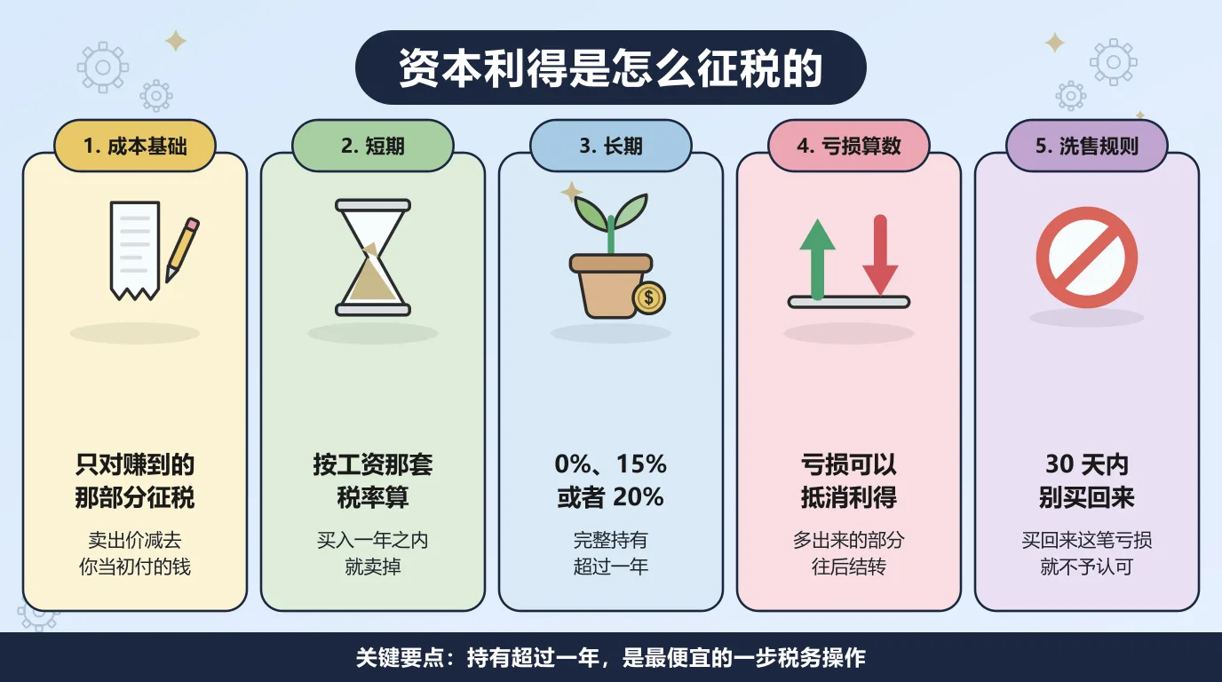 关于资本利得的五件事：只对卖出价减去成本基础的那部分收益征税；买入一年之内就卖掉，按工资那套普通税率算；完整持有超过一年，适用 0%、15% 或者 20% 的长期税率；亏损可以抵消利得，多出来的部分往后结转；30 天内买回来，这笔亏损就不予认可。