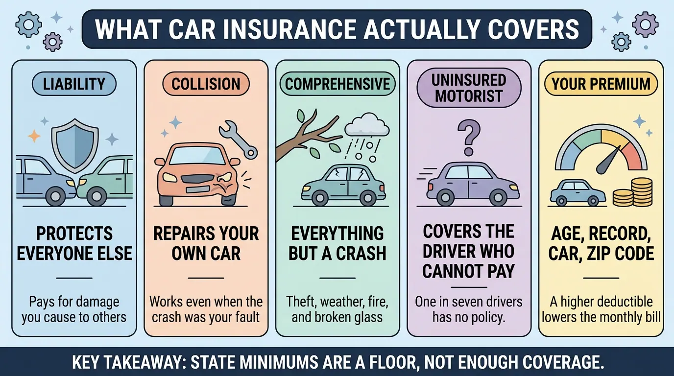 Five car insurance coverages explained: liability for damage you cause others, collision for your own car, comprehensive for theft and weather, uninsured motorist, and what sets your premium.
