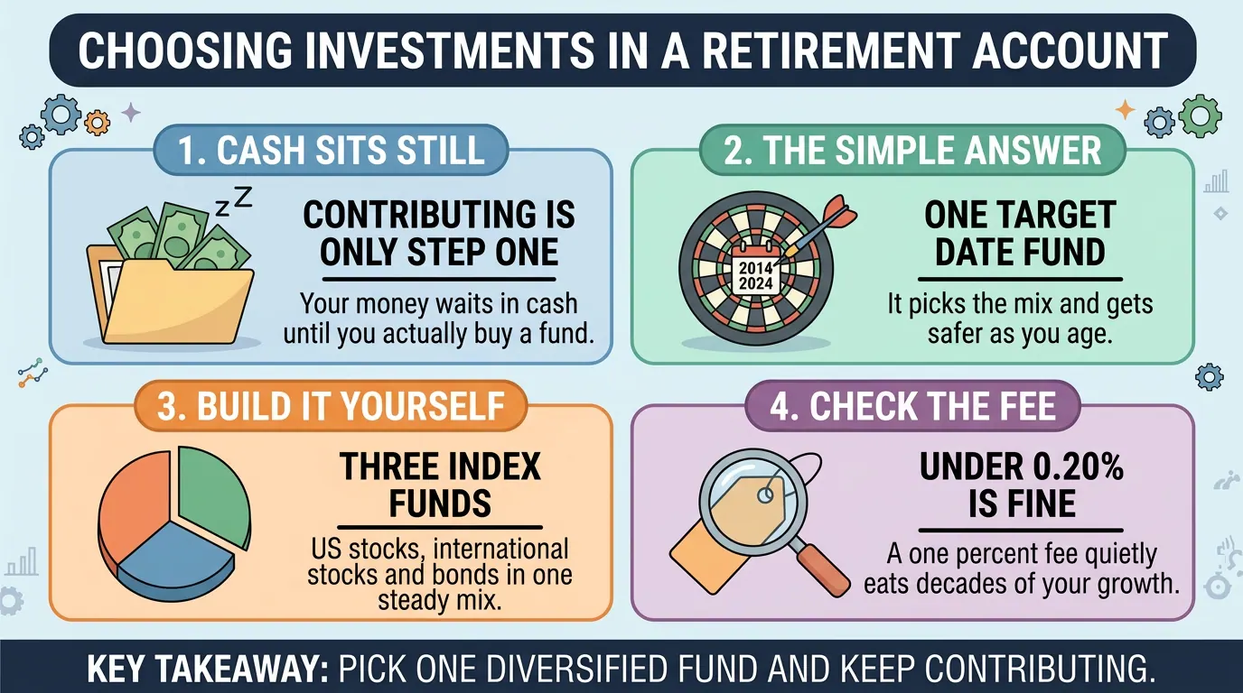 Four panels: money sits in cash until you buy a fund, a target date fund is the simple answer, three index funds is the build it yourself route, and fees under 0.20% are fine.