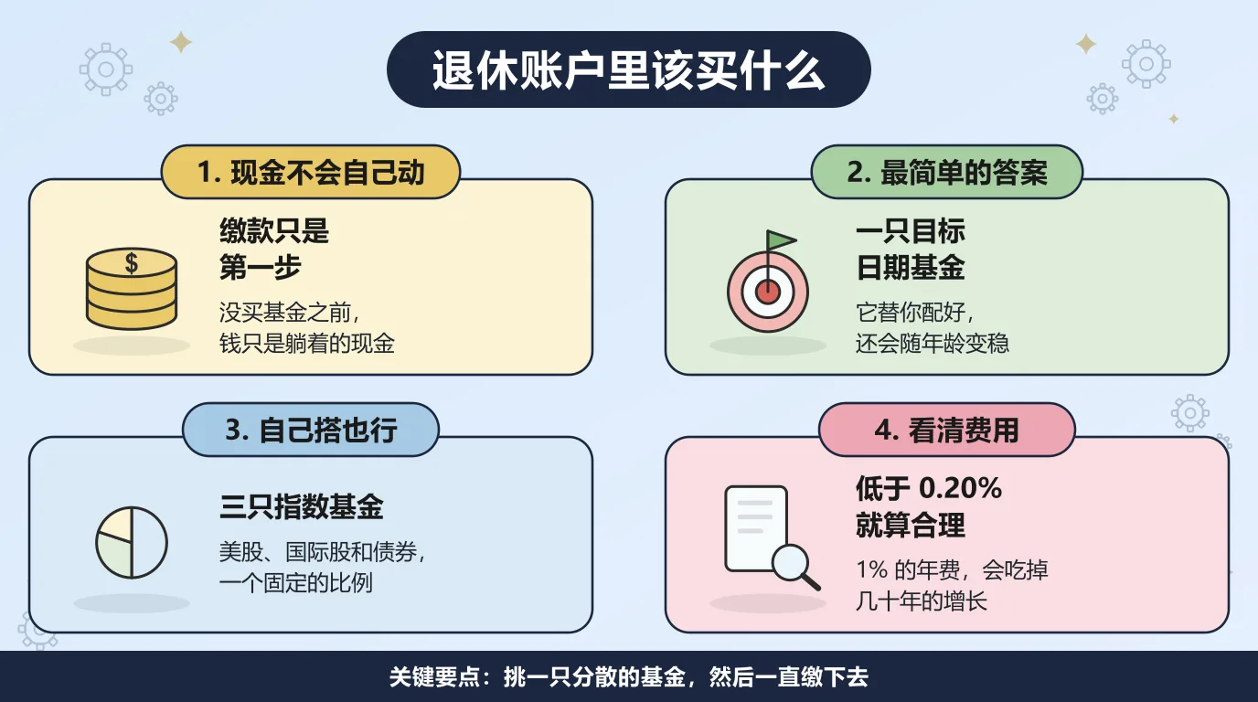 在退休账户里选投资的四个要点：缴款只是第一步，钱在你真正买下基金之前只是躺着的现金；最简单的答案是一只目标日期基金，它替你决定配置并随年龄逐步变稳；想自己搭，就用美股、国际股和债券三只指数基金；费用率低于 0.20% 就算合理，1% 的年费会悄悄吃掉几十年的增长。