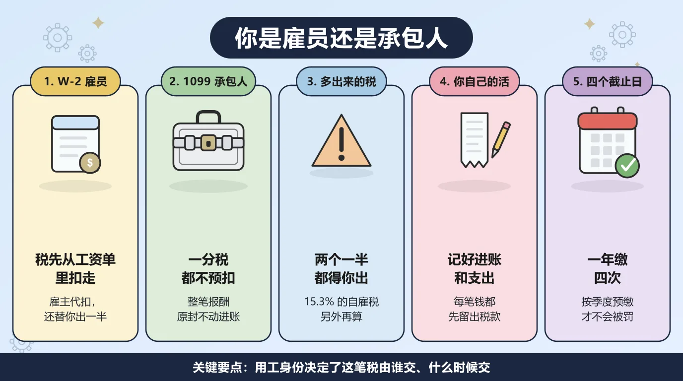 W-2 雇员和 1099 承包人的五点对比：雇员的税先从工资单里扣走，雇主还替你出一半；承包人一分税都不预扣，整笔报酬原封不动进账；15.3% 的自雇税两个一半都得你出；进账和支出要自己记，每笔钱都先留出税款；还要按季度一年缴四次，才不会被罚。