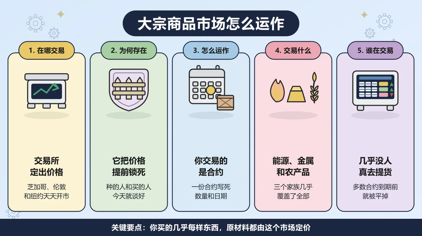 大宗商品市场怎么运作：芝加哥、伦敦和纽约的交易所天天定出价格；期货把价格提前锁死，种的人和买的人今天就谈好；交易的是写死数量和日期的合约；能源、金属和农产品三个家族几乎覆盖全部；今天几乎没人真去提货，多数合约在到期前就被平掉。