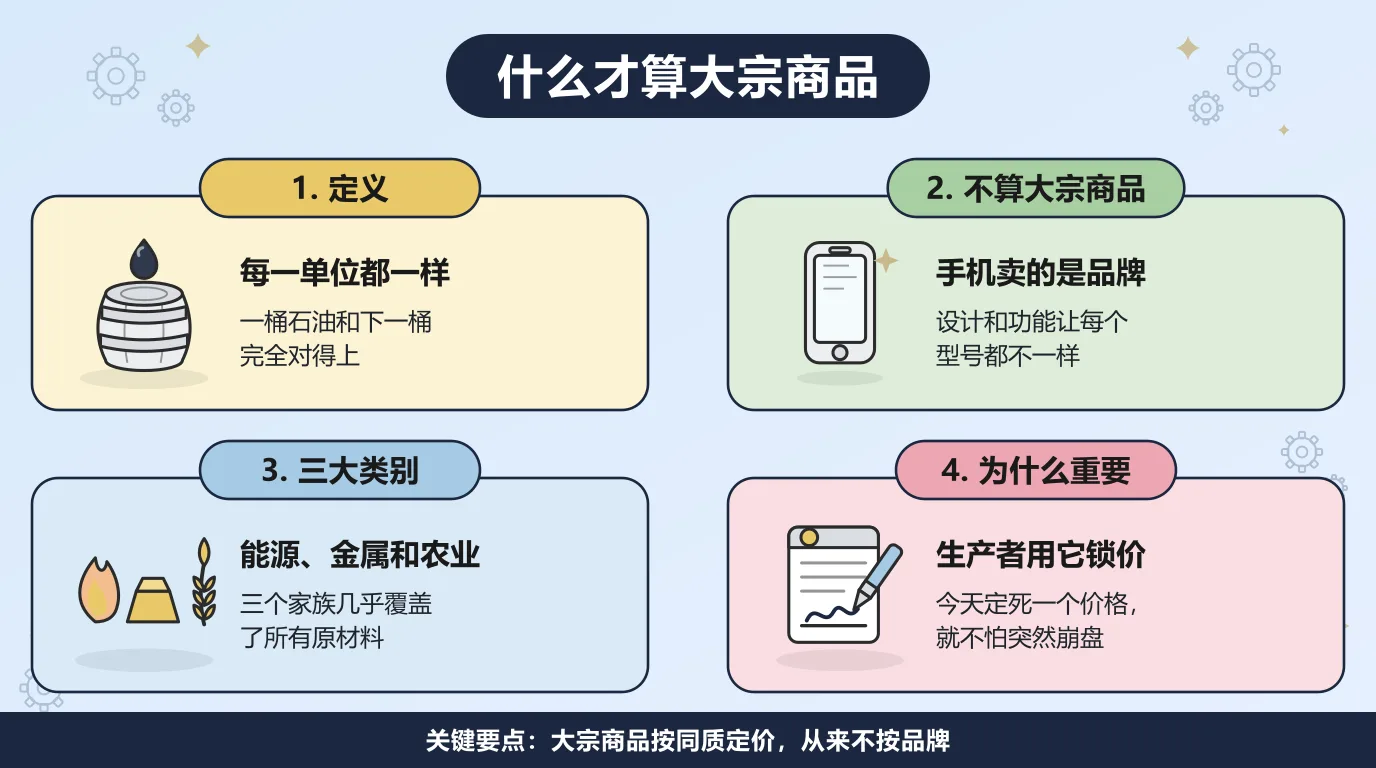 什么才算大宗商品：每一单位都完全一样，一桶石油和下一桶对得上；手机这类成品卖的是品牌，所以不算；三大类别是能源、金属和农业；生产者用大宗商品合约提前锁死价格，防住突然崩盘。