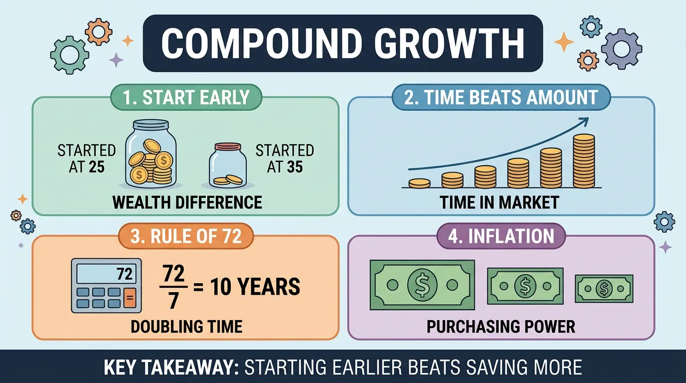 Four panels on compound growth: starting at 25 versus 35, time in the market beating contribution size, the Rule of 72 (72 divided by 7 is 10 years), and inflation eroding purchasing power.