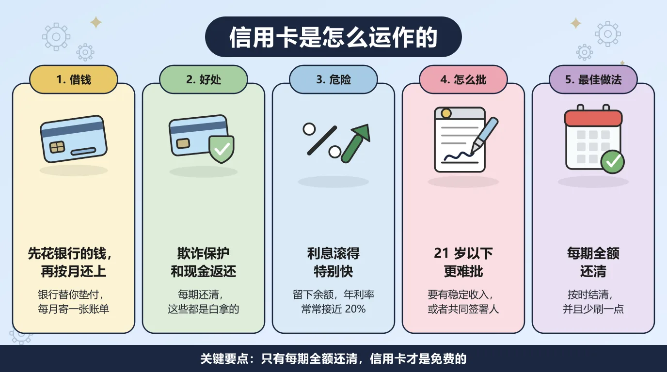 关于信用卡的五件事：先向银行借钱再按月还款，全额还清就能白拿欺诈保护和现金返还，留下余额年利率常常接近 20%，21 岁以下要有稳定收入或者共同签署人，最好的做法是每期把账单余额全额还清。