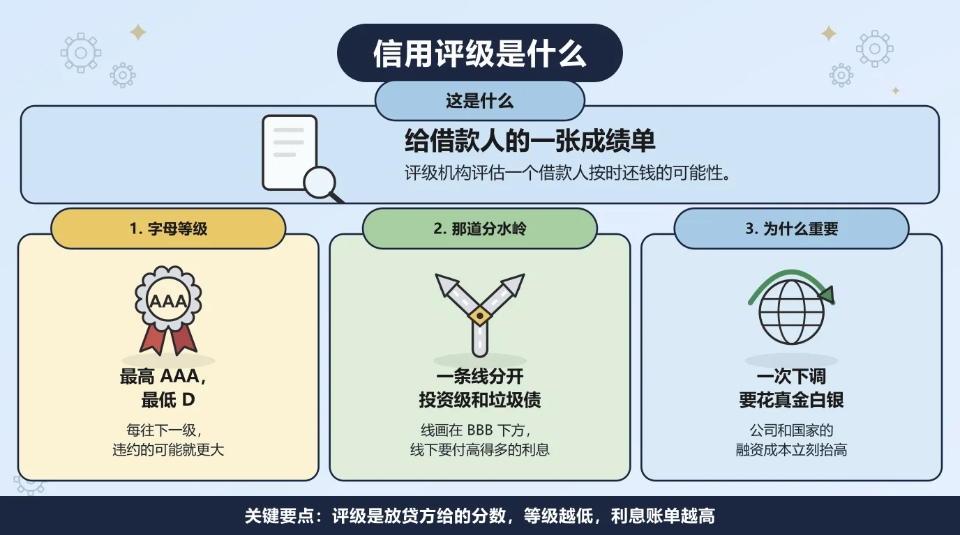 信用评级是给借款人的一张成绩单，评级机构用它评估一个借款人按时还钱的可能性：等级从最高的 AAA 一路排到代表违约的 D，一条画在 BBB 下方的线分开投资级和垃圾债，而一次下调会立刻抬高公司乃至国家的融资成本。