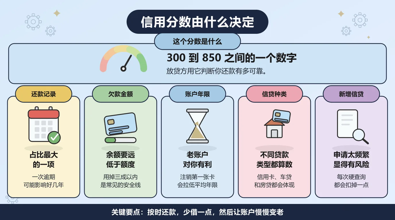 信用分数是 300 到 850 之间的数字，由五项因素构成：还款记录占比最大，其次是欠款金额、账户年限、信贷种类，以及新增信贷的查询次数。
