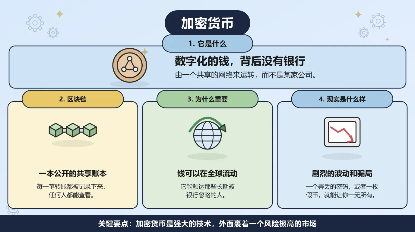 加密货币的四个方面：它是数字化的钱，背后没有银行，由一个共享的网络来运转；区块链是一本公开的共享账本，每一笔转账都被记录下来，任何人都能查看；钱因此可以在全球流动，触达长期被银行忽略的人；但现实是价格剧烈波动、骗局不少，一个弄丢的密码或者一枚假币就能让你一无所有。