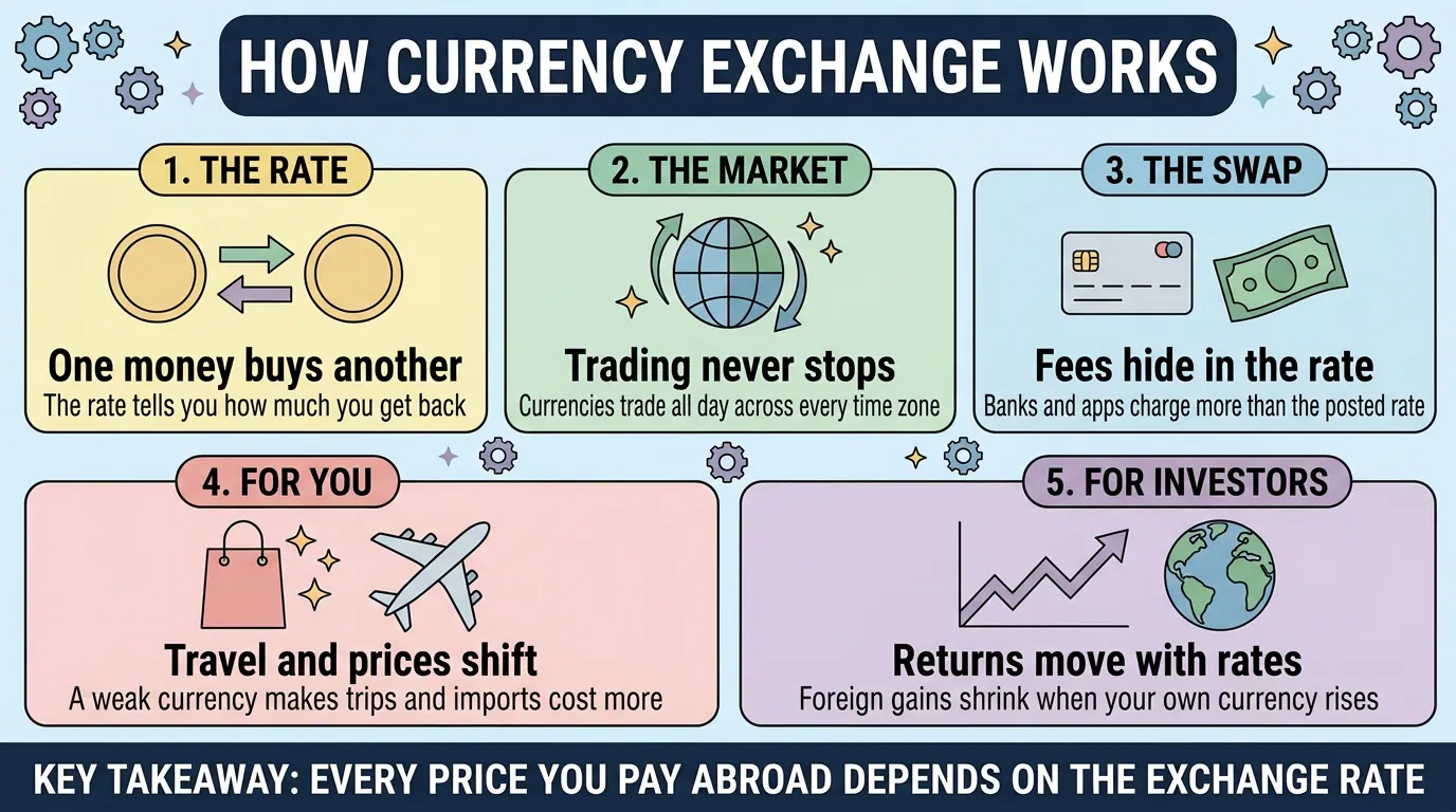 Five panels on currency exchange: the rate at which one money buys another, nonstop global trading, fees hidden inside the rate, costlier travel and imports, and foreign returns shifting with rates.
