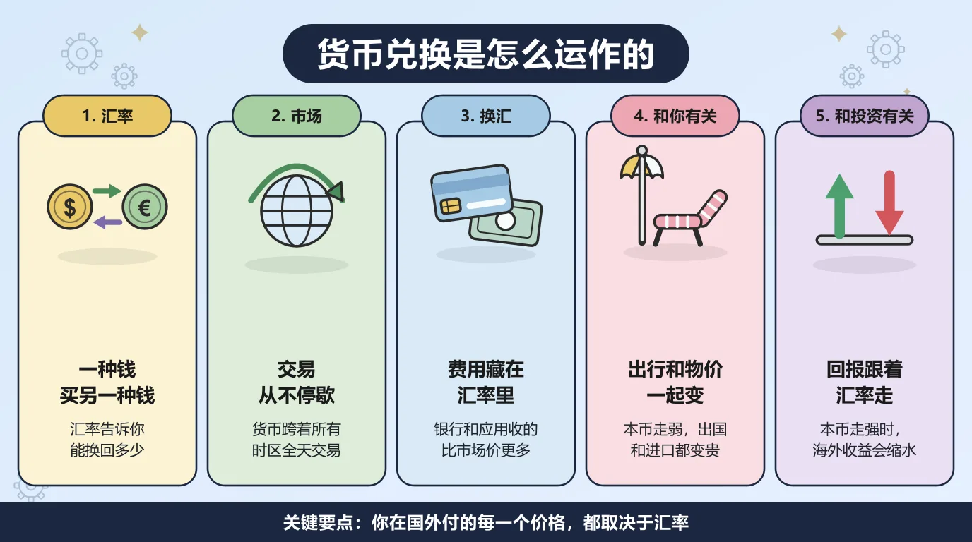货币兑换的五个方面：汇率是一种货币买另一种货币的价格，告诉你能换回多少；外汇市场跨着所有时区全天交易，从不停歇；银行和应用把费用藏在汇率里，收得比牌价更多；本币走弱时，出国旅行和进口商品都变贵；投资海外时，本币走强会让换回来的收益缩水。