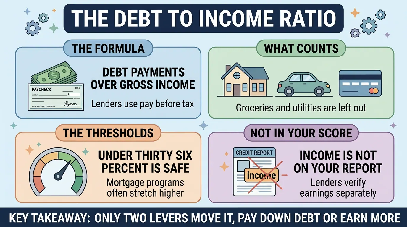 Four panels on the debt-to-income ratio: debt payments over gross income, which bills count, under thirty six percent as the safe threshold, and why income never appears on a credit report.