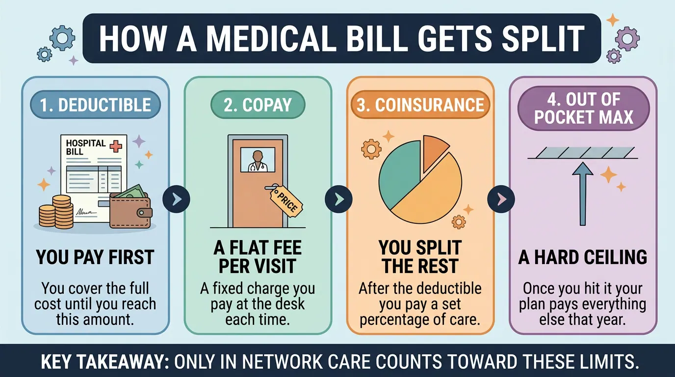 Four stages of a medical bill: you pay in full up to the deductible, a flat copay each visit, coinsurance splitting the rest by percentage, then the out of pocket maximum caps the year.