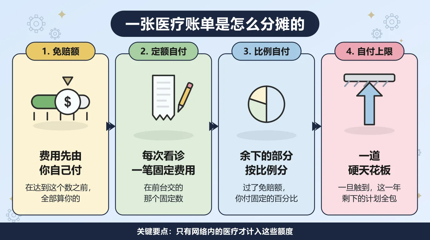 一张医疗账单分四步分摊：先由你自己付满免赔额，看诊时另收一笔固定的定额自付，之后按比例自付和计划分摊余下的费用，直到触及自付上限，这一年剩下的时间由计划全包。