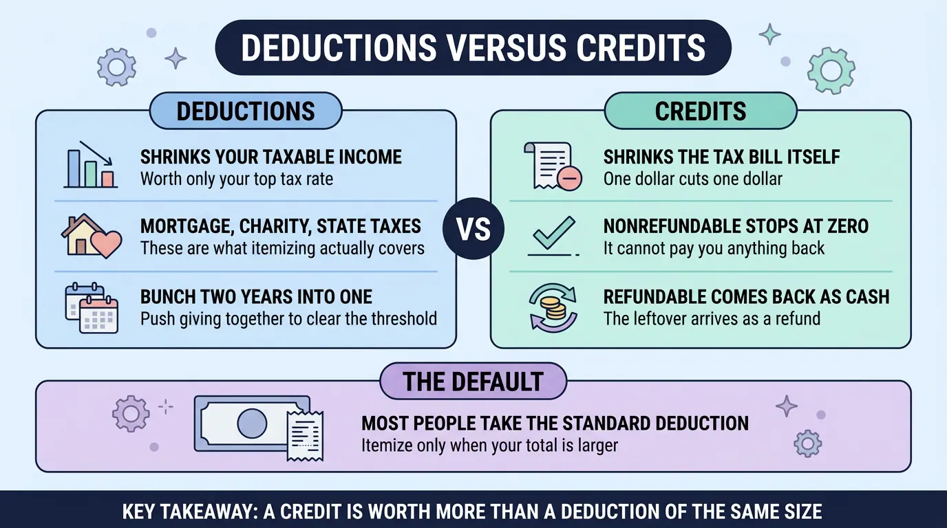 Side by side comparison of deductions, which shrink taxable income, and credits, which cut the bill dollar for dollar, with a footer noting most people take the standard deduction.