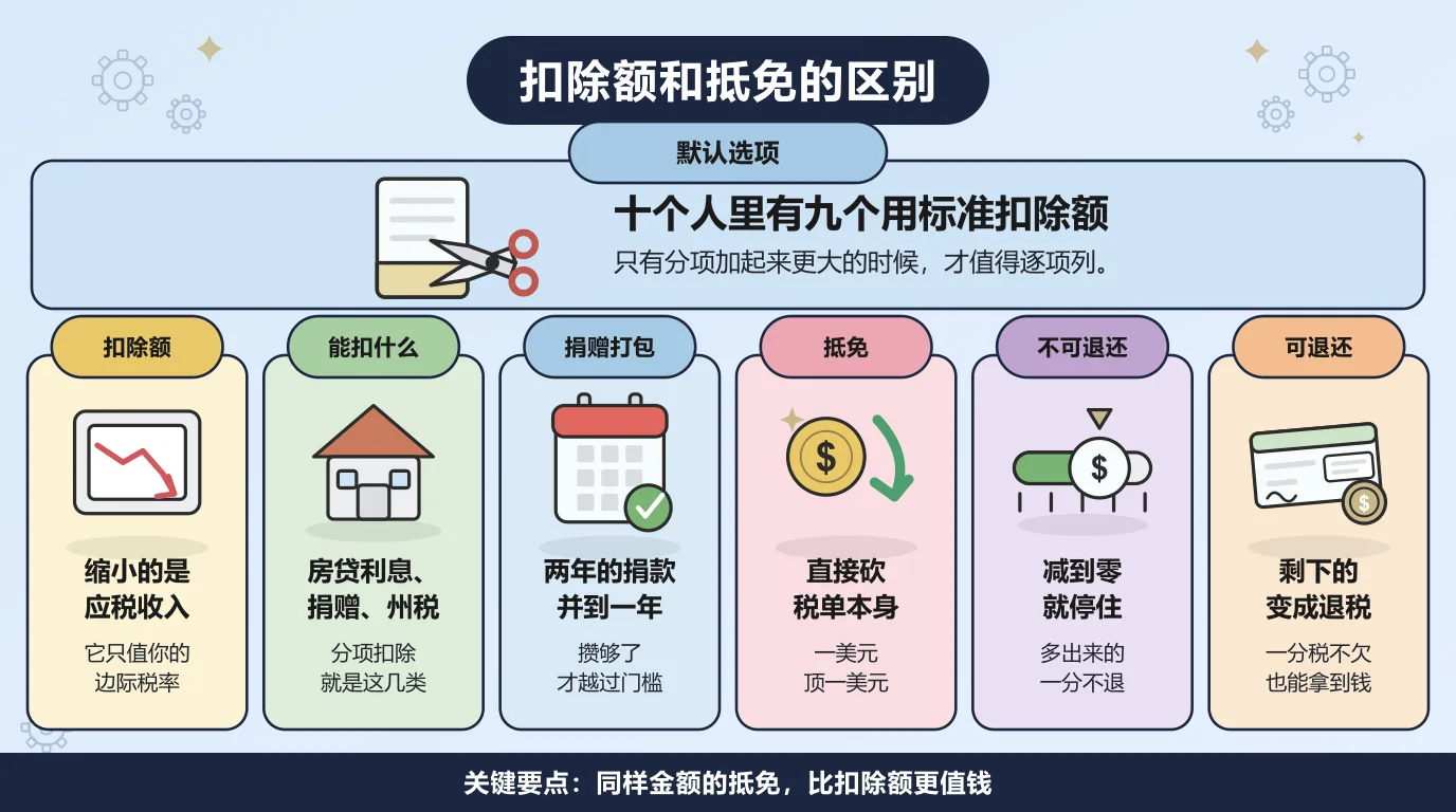 扣除额和抵免的对比：扣除额缩小的是应税收入，只值你的边际税率，能扣的是房贷利息、慈善捐赠和州税，还可以把两年的捐款并到一年；抵免直接砍税单本身，一美元顶一美元，不可退还的减到零就停住，可退还的剩下部分会变成退税；而十个报税人里有九个用标准扣除额。