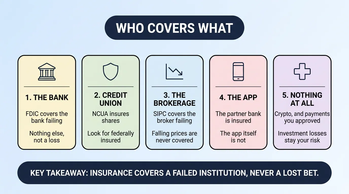 Five panel diagram of which safety net covers your money at a bank, a credit union, a brokerage, a payment app, and where nothing covers it at all. Insurance covers a failed institution, never a lost bet.