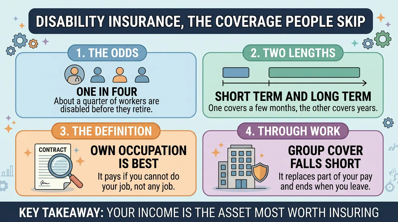Four panels on disability insurance: about one in four workers is disabled before retiring, short term versus long term cover, own occupation definitions, and why group cover falls short.