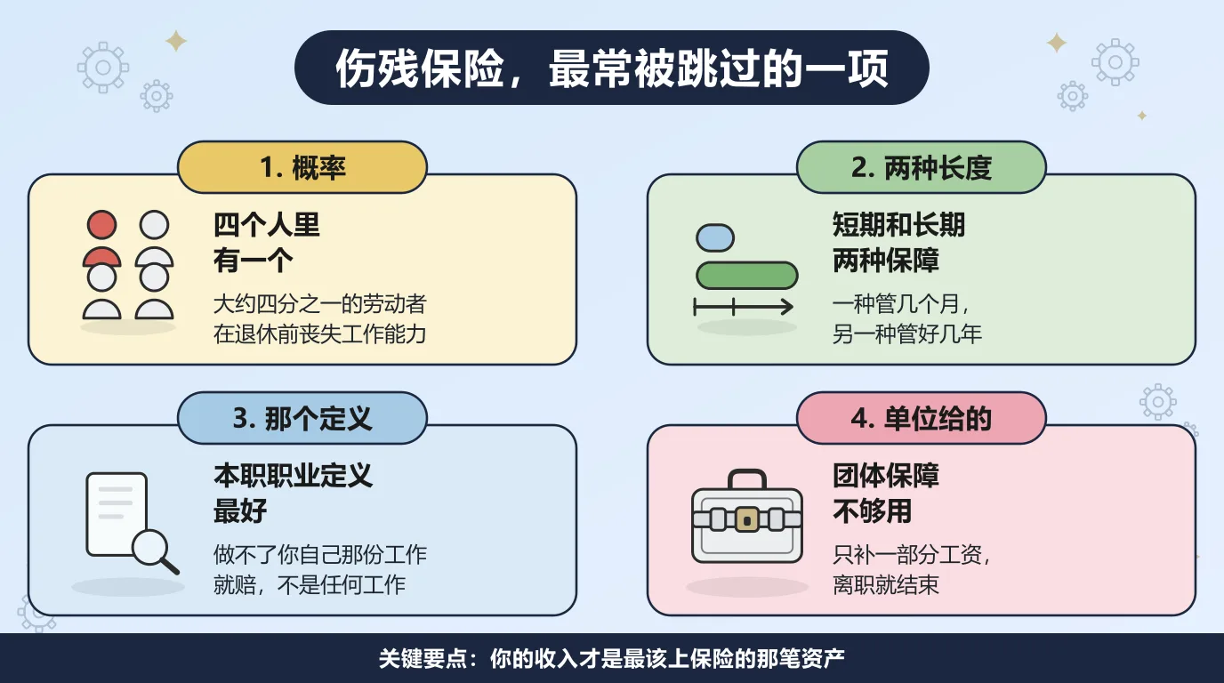 伤残保险的四个要点：大约每四个劳动者就有一个在退休前丧失工作能力；短期保险管几个月，长期保险管好几年；本职职业定义比任何职业定义强得多；单位给的团体保障只补一部分工资，而且离职就结束。