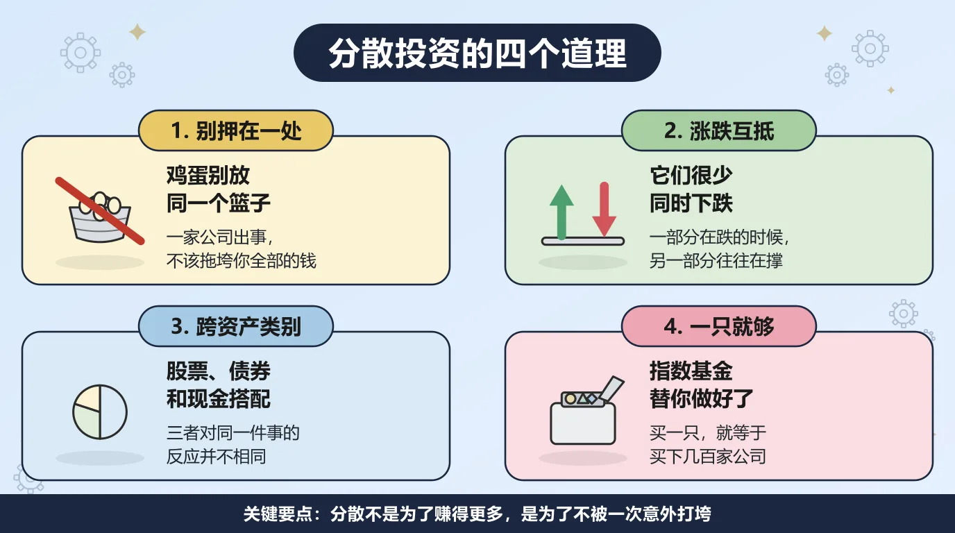 分散投资的四个道理：不要把全部押在一处，持仓很少同时下跌所以损失会互相抵消，把股票、债券和现金搭配起来，而一只指数基金就能替你做到。